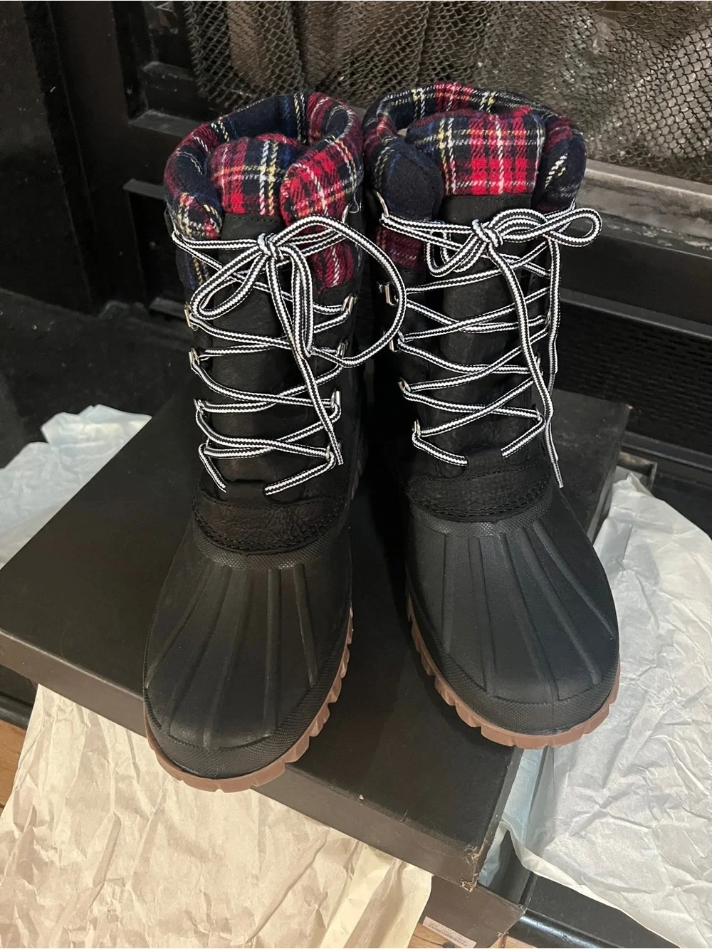 J. Crew Black Duck Boots with Red Plaid Cuff